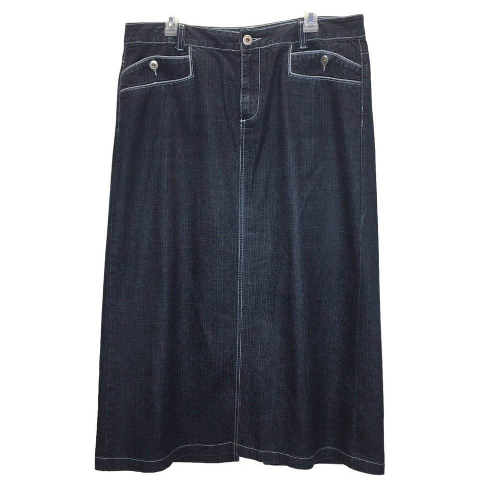Baccini Long Denim Jean Skirt Women 14 Maxi Modest Pockets Slit A Line Stretch